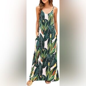 Tropical Leaf Print Maxi Dress - Green & White